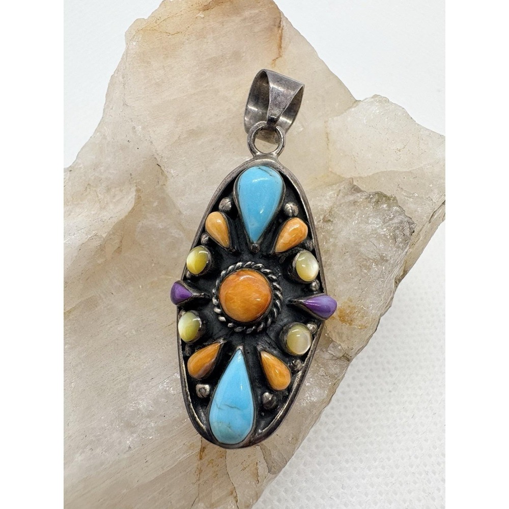 Vintage Sterling Silver Multi Stone Pendant 925 Turquoise Coral Philippines 6.2g
